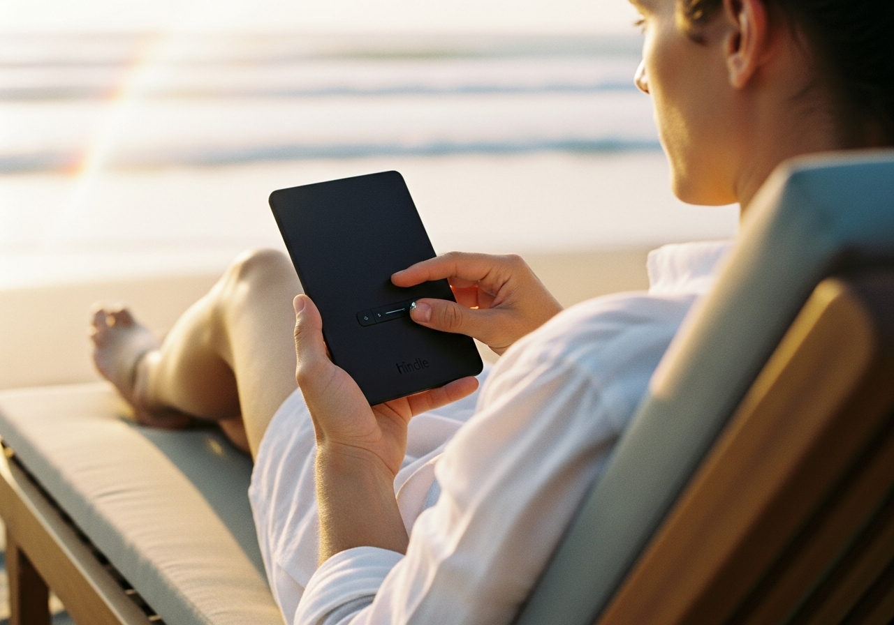 ビーチチェアでくつろぐ人物がKindle Oasisを片手で持っている様子