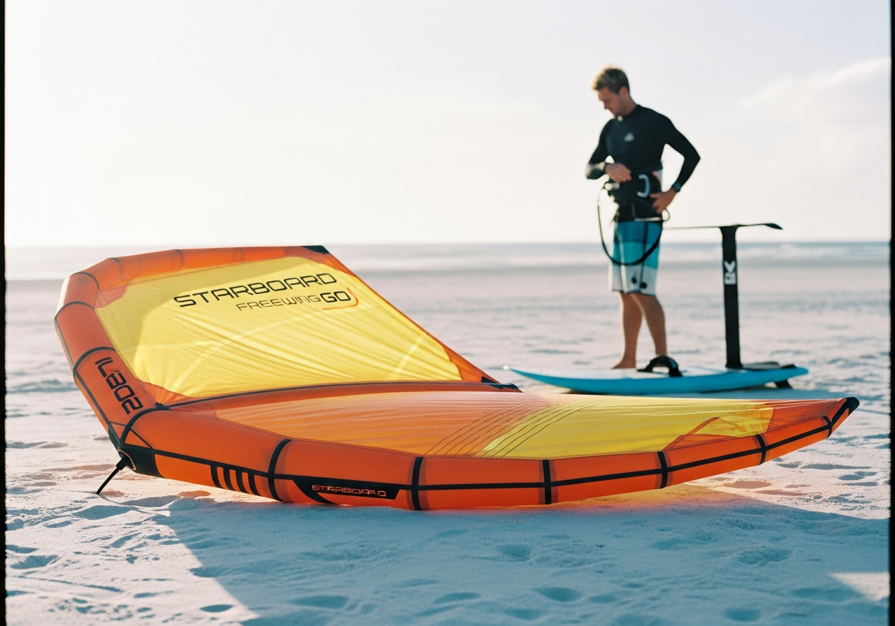 Starboardのウイングをビーチで準備する男性の情景写真