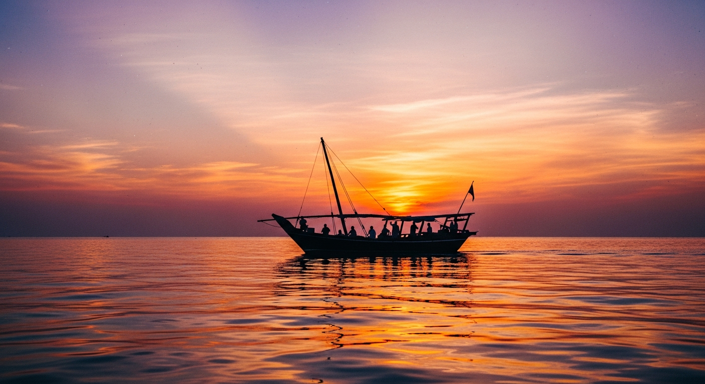 インド洋に浮かぶ伝統的なダウ船、夕暮れのシルエット